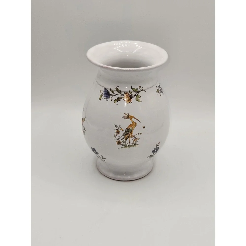 French Faience Style Hand Painted Vase Bird Floral Motif White Glazed‎ Pottery
